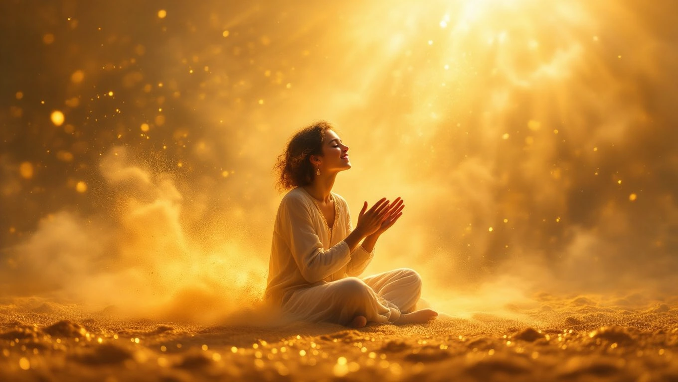 Mit jelent győzelemről álmodni? – Részletes álomfejtés és értelmezés Egy nő imádkozva ül a földön, arany fényben, a győzelem szimbólumaként.