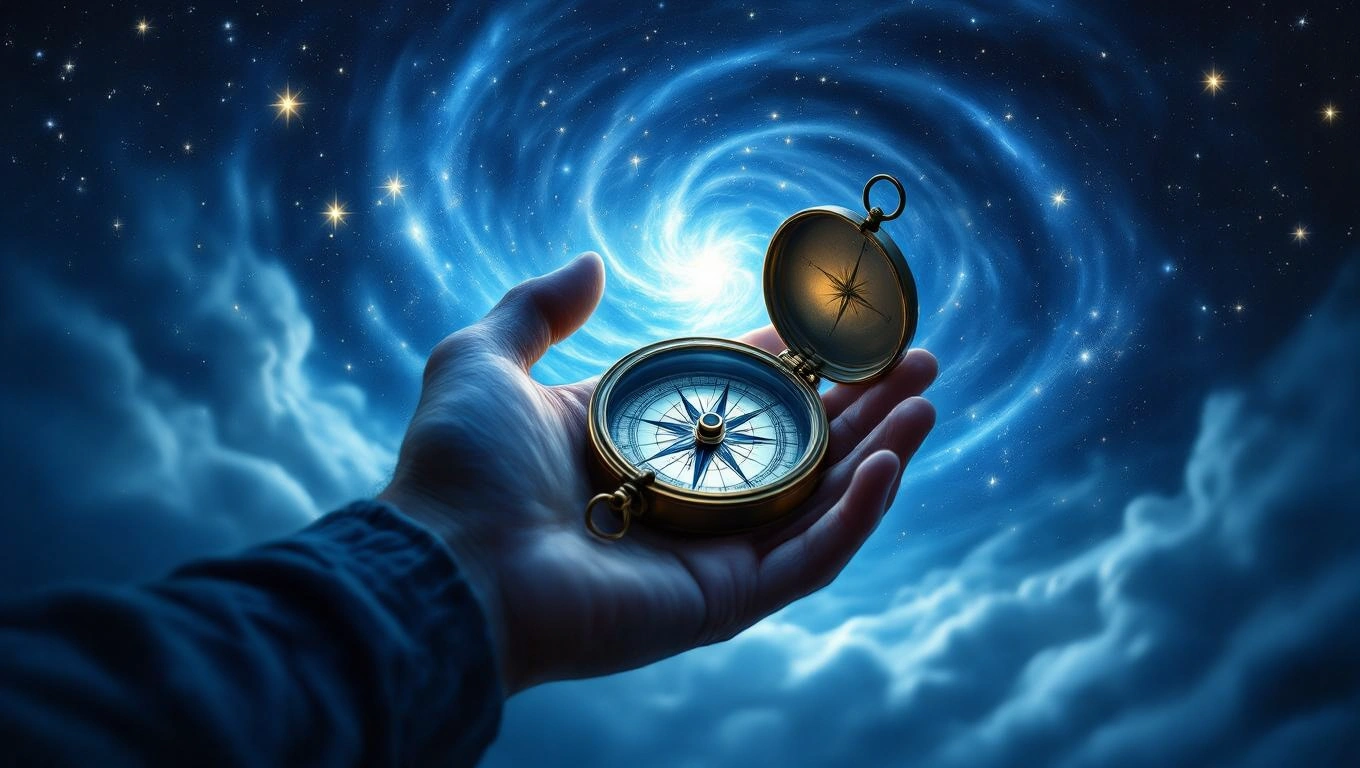 Mit jelent tanácstalanságról álmodni? – Részletes álomfejtés és értelmezés Egy kézben tartott iránytű, háttérben csillagos égbolt és galaxisok.