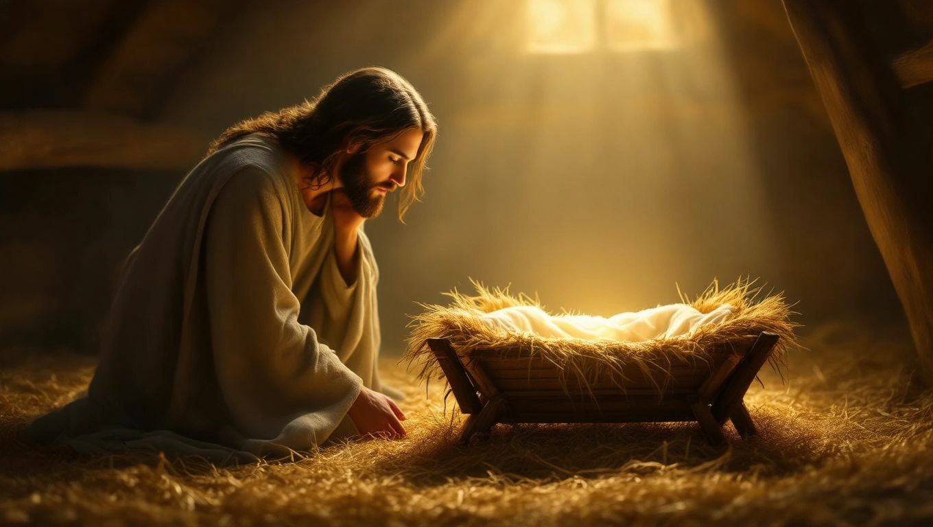 Mit jelent jászollal álmodni? – Részletes álomfejtés és értelmezés Egy férfi jászol előtt térdel, lágy fényben, amely a jászolra irányul.