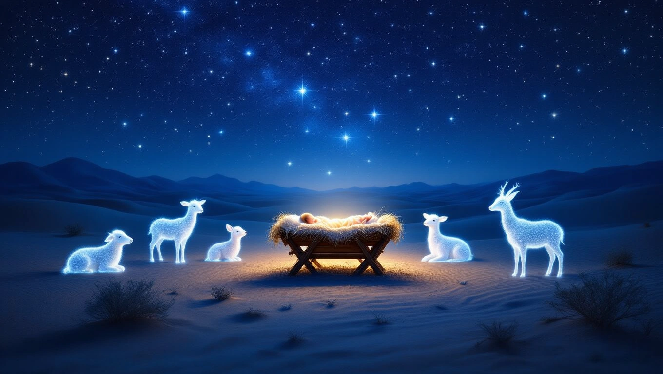 Mit jelent jászollal álmodni? – Részletes álomfejtés és értelmezés Egy jászol, benne egy kisbaba, körülötte fénylő állatok a csillagos ég alatt.