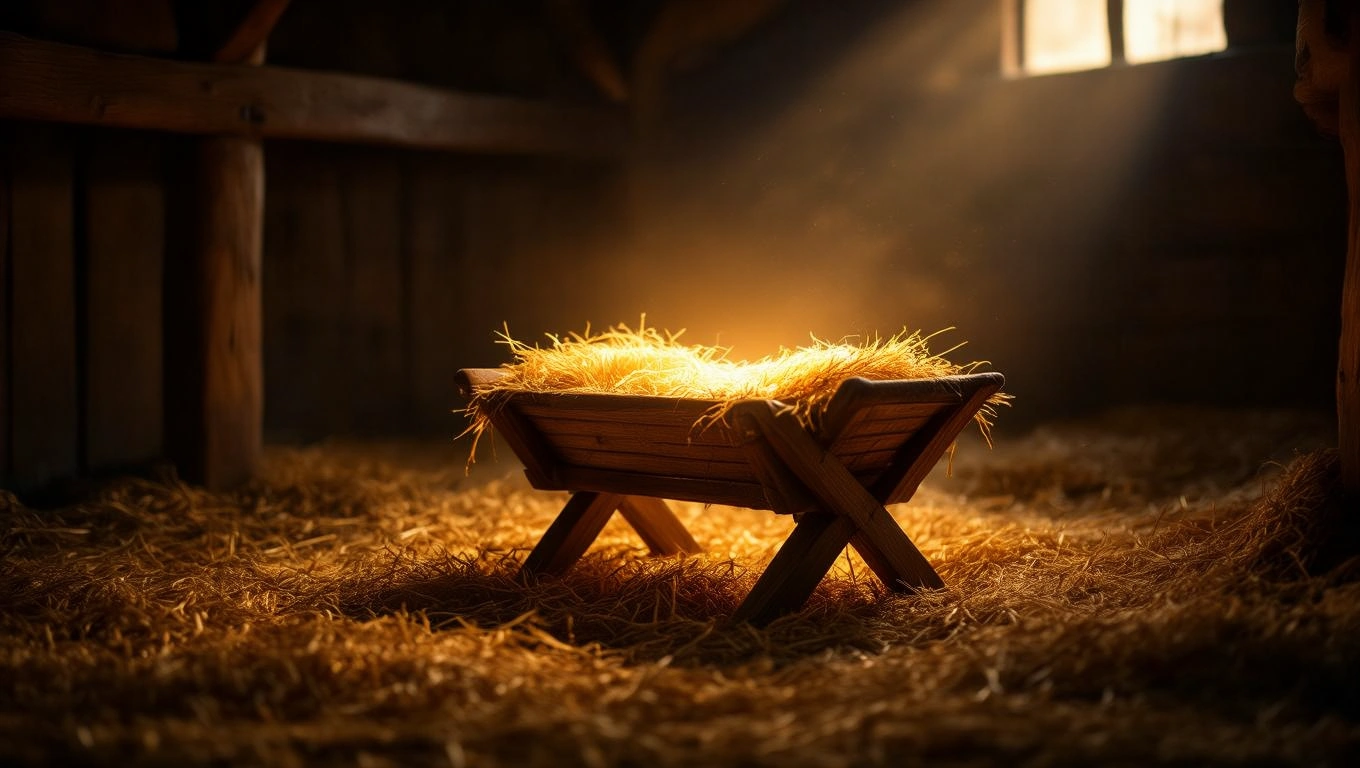 Egy jászol szalmaágyon, lágy fényben, misztikus hangulatban.