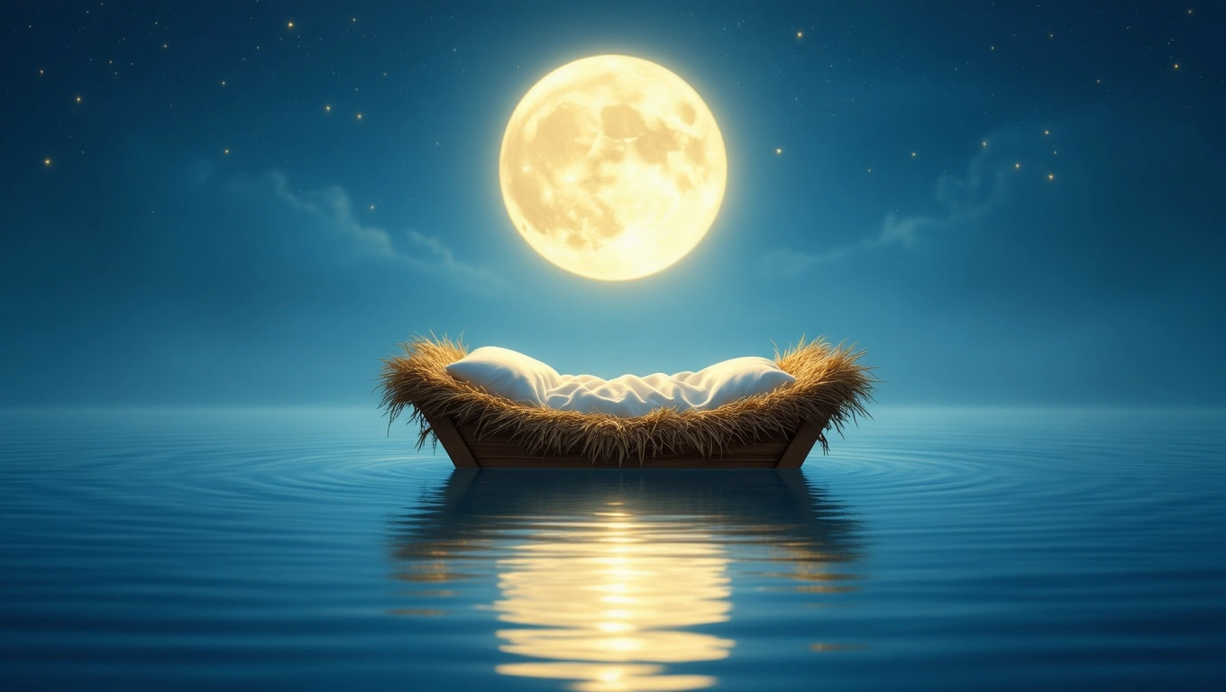 Mit jelent jászollal álmodni? – Részletes álomfejtés és értelmezés Egy jászol látható vízen, felette telihold és csillagok ragyognak.