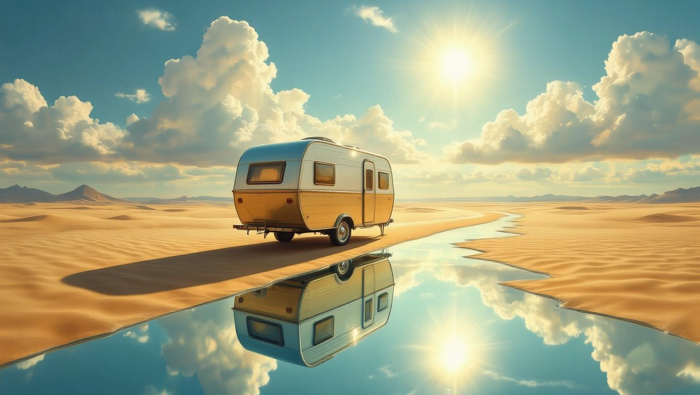 Mit jelent karavánnal álmodni? – Részletes álomfejtés és értelmezés Egy karaván áll a sivatagban, a napfényben és a víz tükrében.