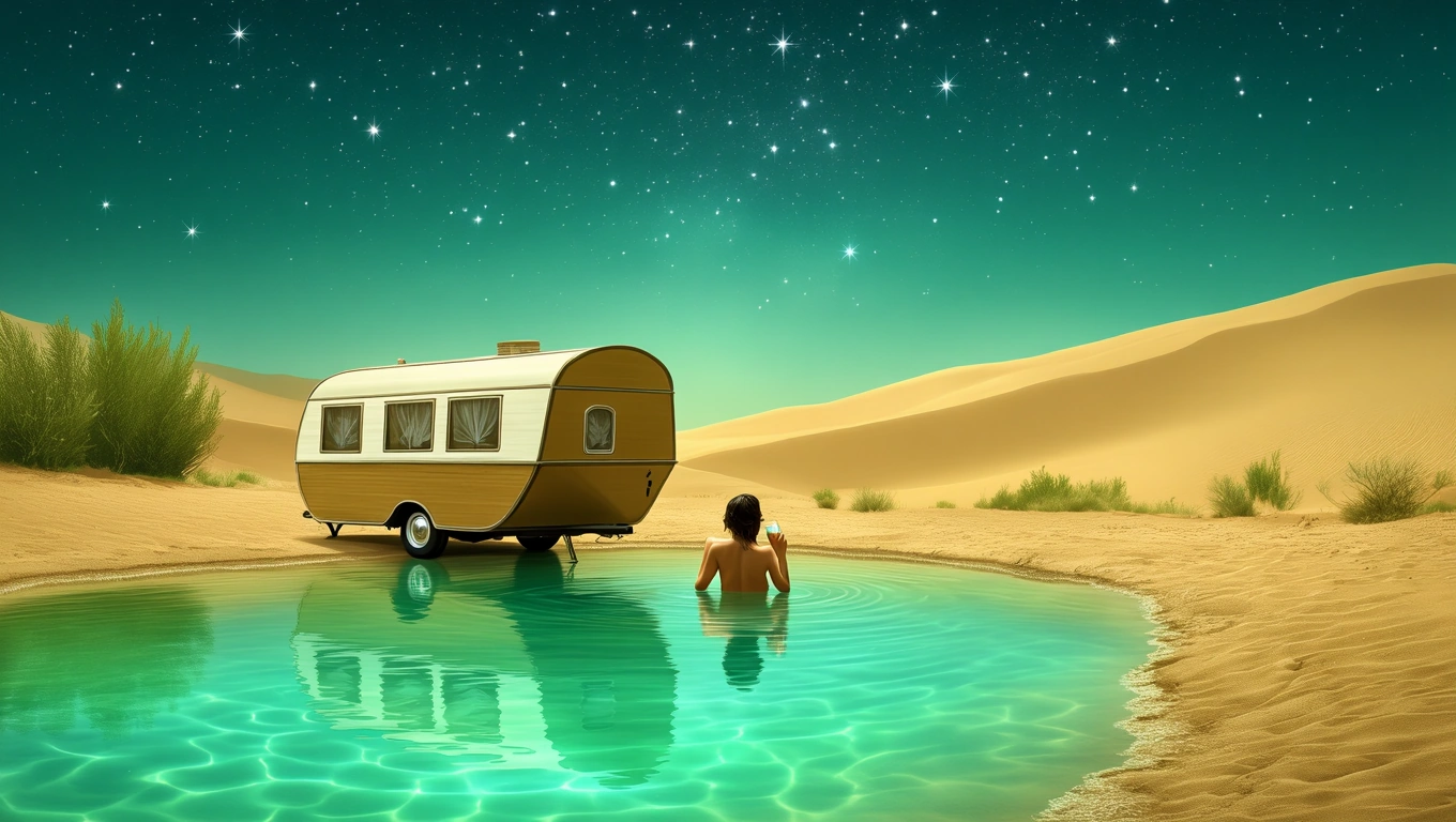 Mit jelent karavánnal álmodni? – Részletes álomfejtés és értelmezés Egy karaván áll a sivatagban, egy vízparton, csillagos ég alatt.