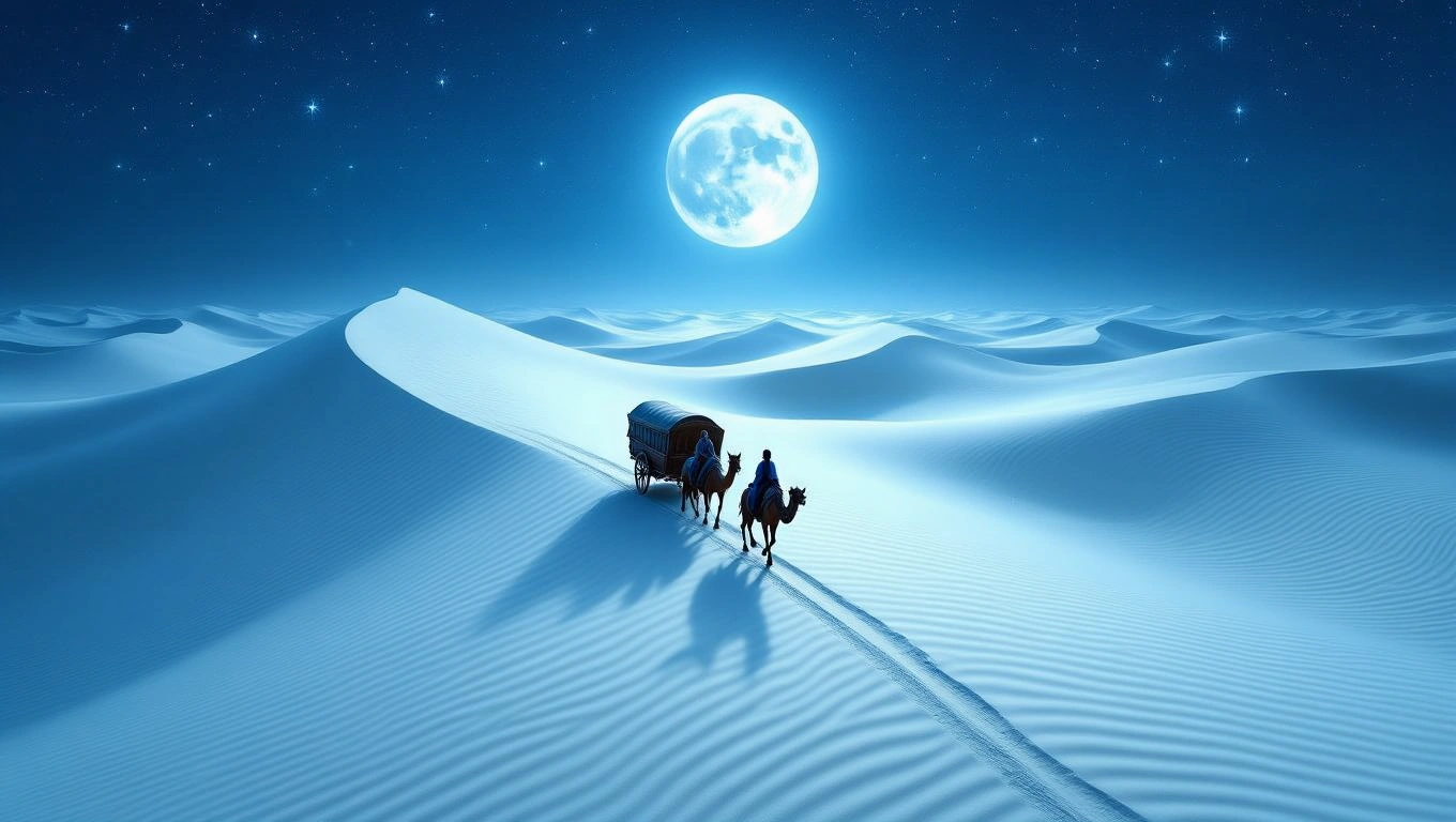 Mit jelent karavánnal álmodni? – Részletes álomfejtés és értelmezés Két teve hátán utazó ember halad egy karavánnal a homokdűnék között.