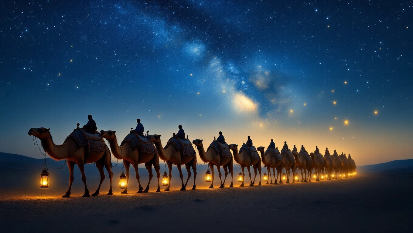 Mit jelent karavánnal álmodni? – Részletes álomfejtés és értelmezés Karaván tevekkel a sivatagban, csillagos ég alatt, lámpásokkal világítva.