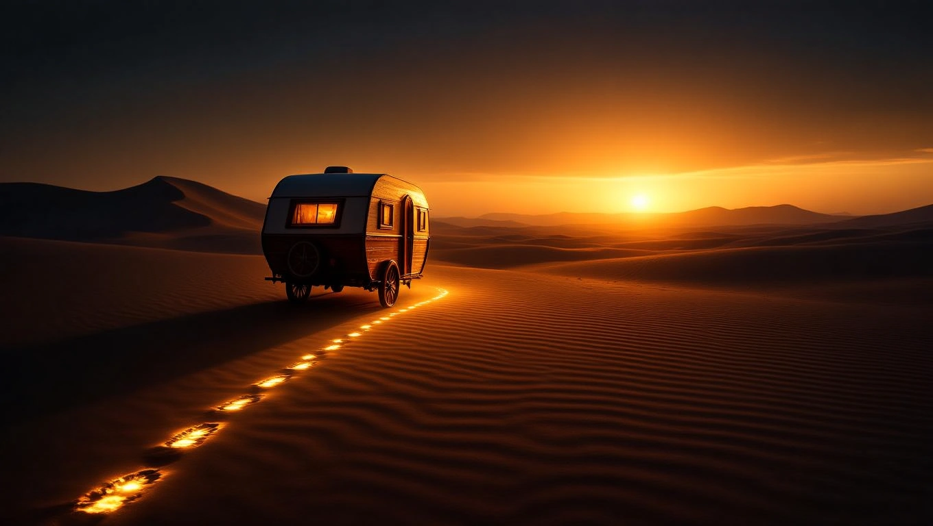 Mit jelent karavánnal álmodni? – Részletes álomfejtés és értelmezés Egy karaván a sivatagban, naplementében, lágy homokdűnék között.