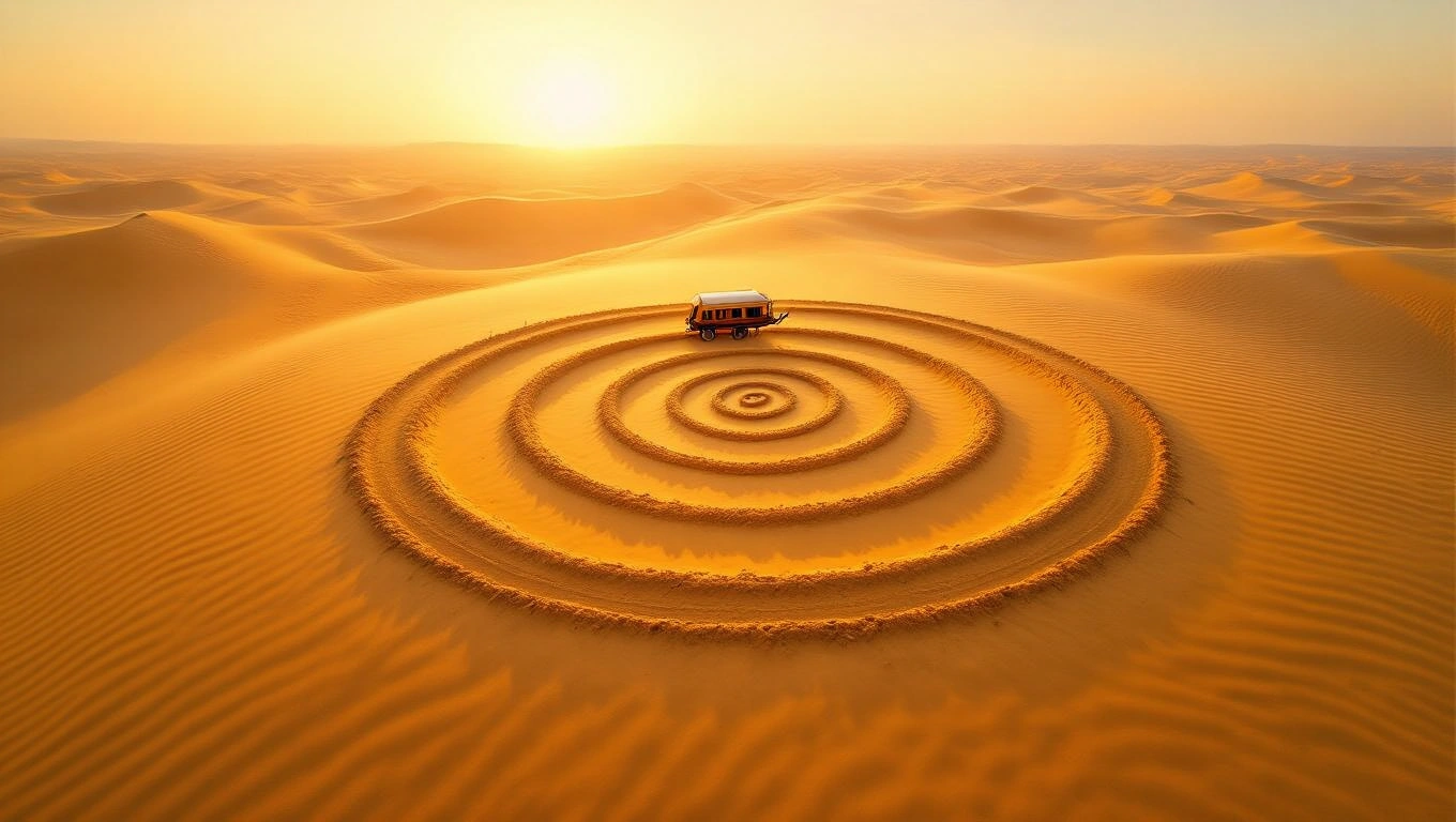 Mit jelent karavánnal álmodni? – Részletes álomfejtés és értelmezés Egy karaván a homokdűnék között, spirális nyomokat hagyva a homokban.