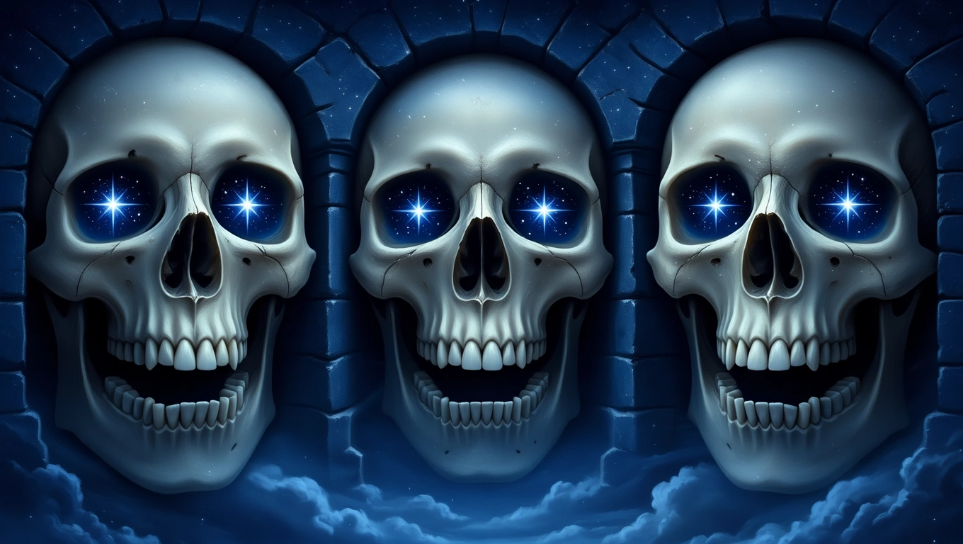 Mit jelent katakombáról álmodni? – Részletes álomfejtés és értelmezés Három csontváz koponya, csillagokkal teli szemekkel, katakombák stílusában.