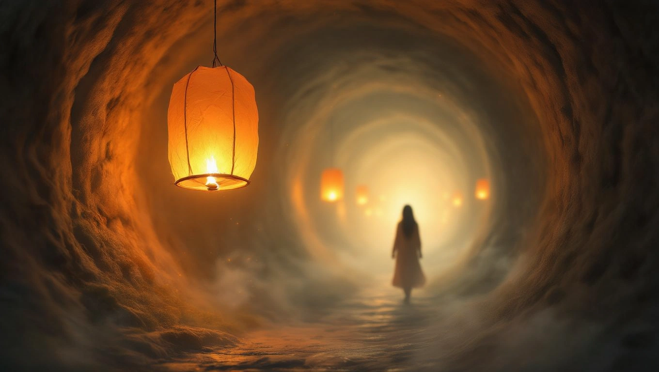 Mit jelent katakombáról álmodni? – Részletes álomfejtés és értelmezés Egy sötét katakombában álló alak, lámpások világítanak az úton.