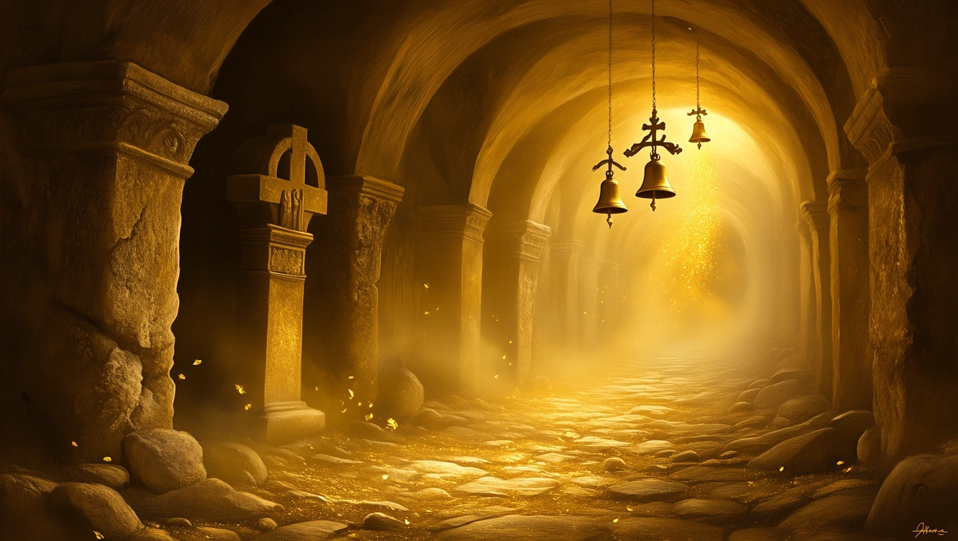 Mit jelent katakombáról álmodni? – Részletes álomfejtés és értelmezés Sötét katakomba arany fényben, harangokkal és kövekkel az úton.