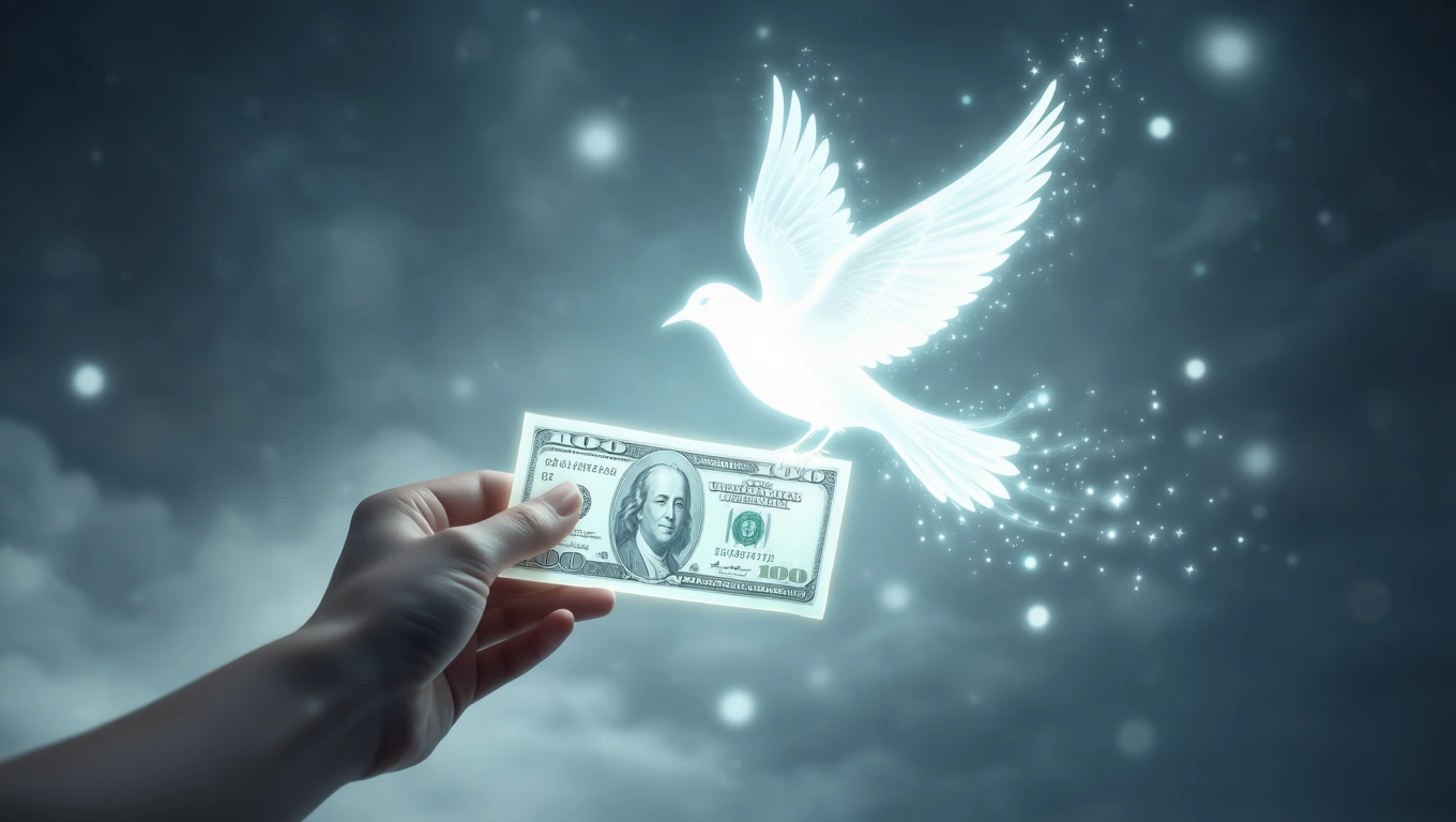 Mit jelent kölcsönnel álmodni? – Részletes álomfejtés és értelmezés Egy kéz egy bankjegyet tart, míg egy fehér galamb repül felette, álomszerű háttérrel.