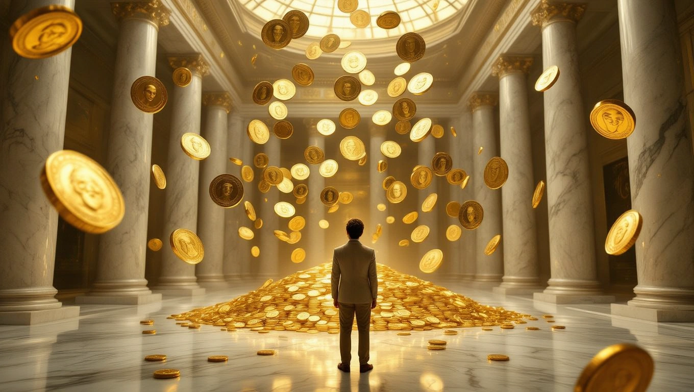 Egy férfi áll egy aranyérmékből álló halom előtt, amely a levegőben lebeg.