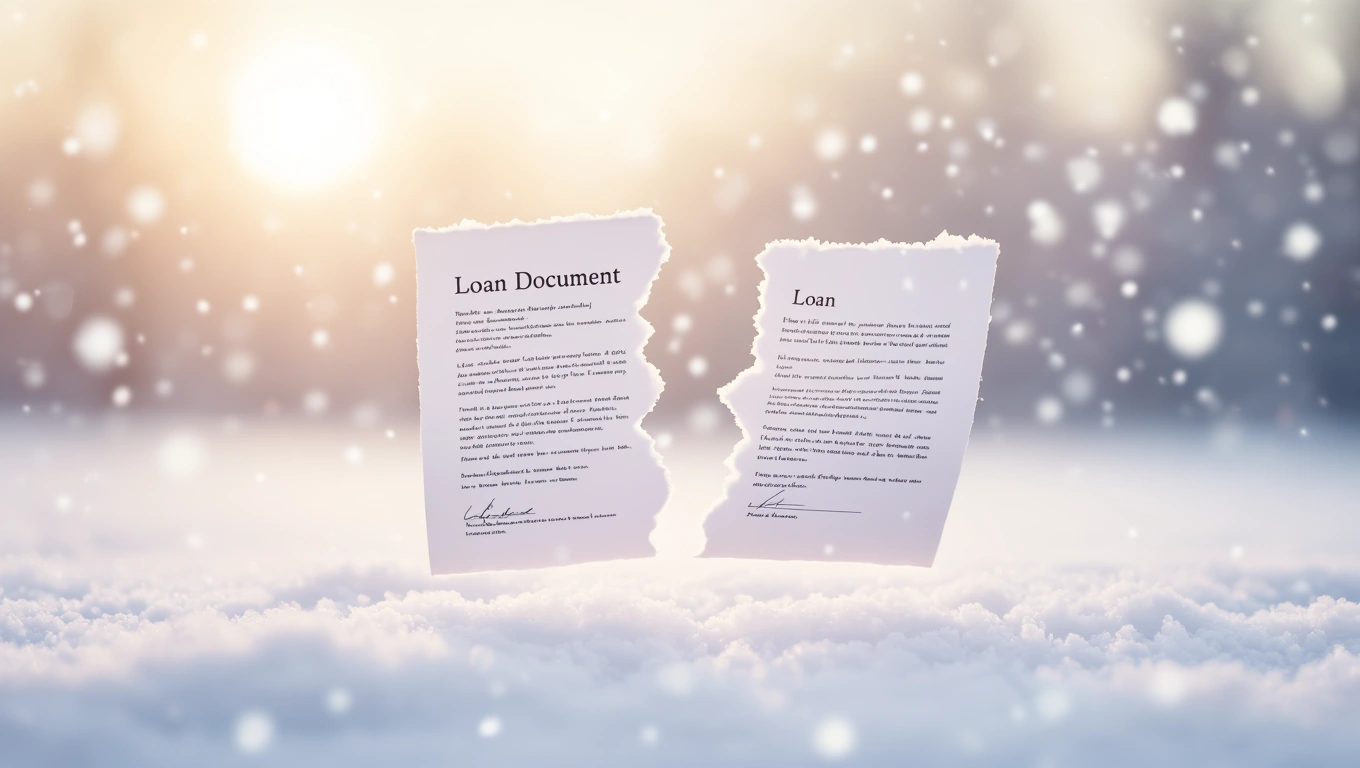 Mit jelent kölcsönnel álmodni? – Részletes álomfejtés és értelmezés Két széttépett kölcsönszerződés fekszik a hóban, háttérben napfény.