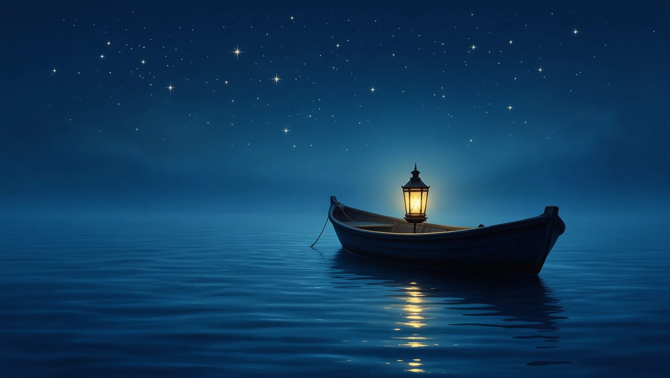 Egy világító lámpással ellátott komp úszik a sötét vízen, csillagokkal az égen.