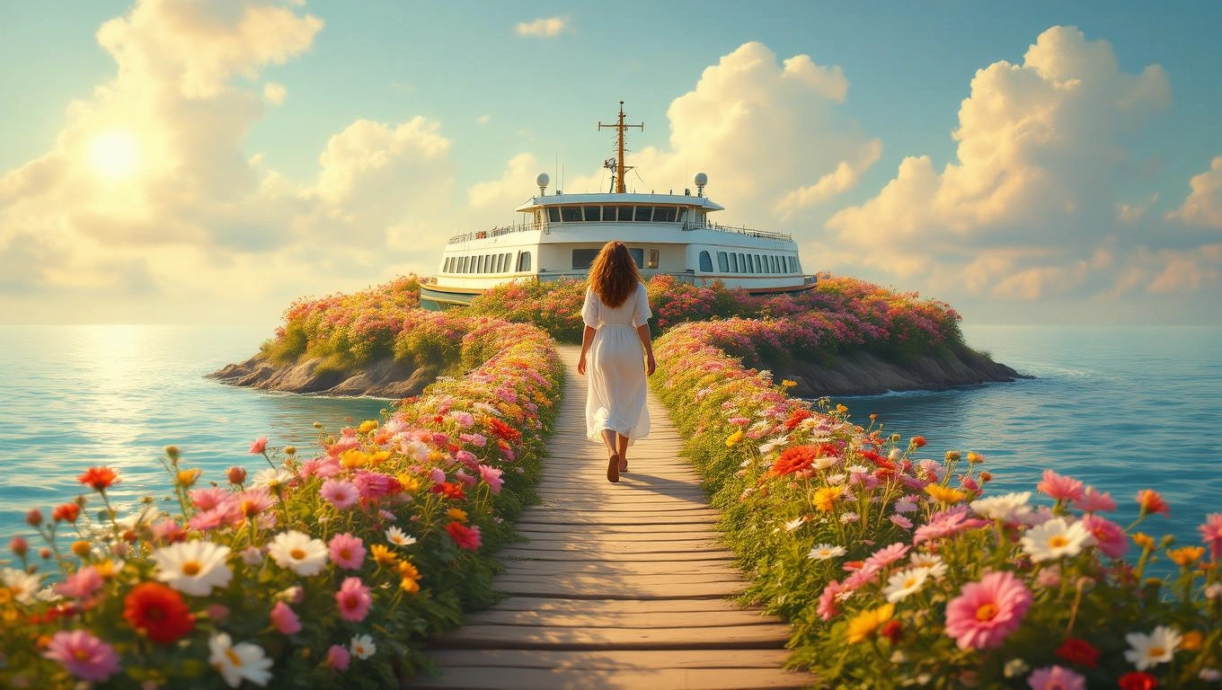 Egy nő fehér ruhában sétál egy virágokkal szegélyezett mólón egy komp felé.