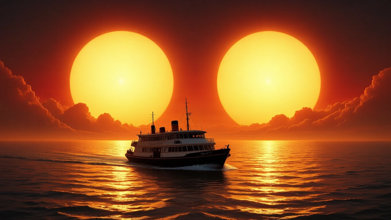 Egy komp halad a vízen, miközben két nap süt a horizonton.