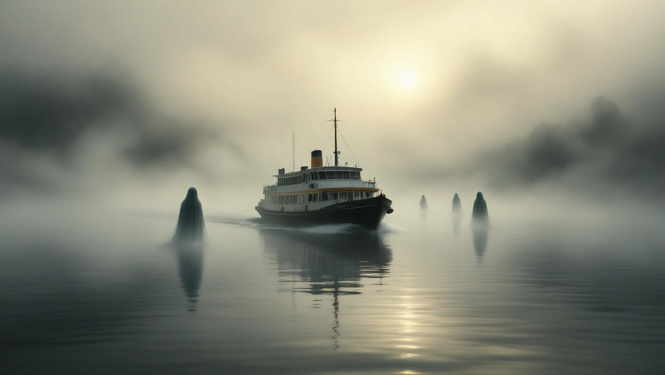 Egy komp halad a ködös vízen, körülötte misztikus alakok tűnnek fel.