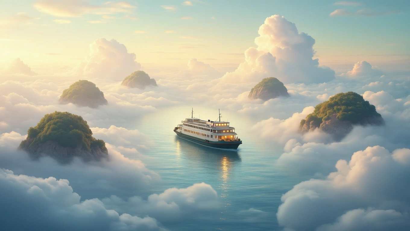 Egy komp úszik a felhők között, szigetekkel körülvéve, békés tájban.