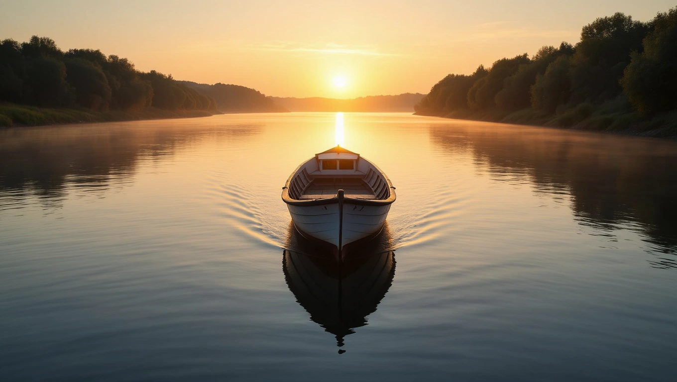 Egy komp halad a nyugodt vízen, napfelkeltével a háttérben.