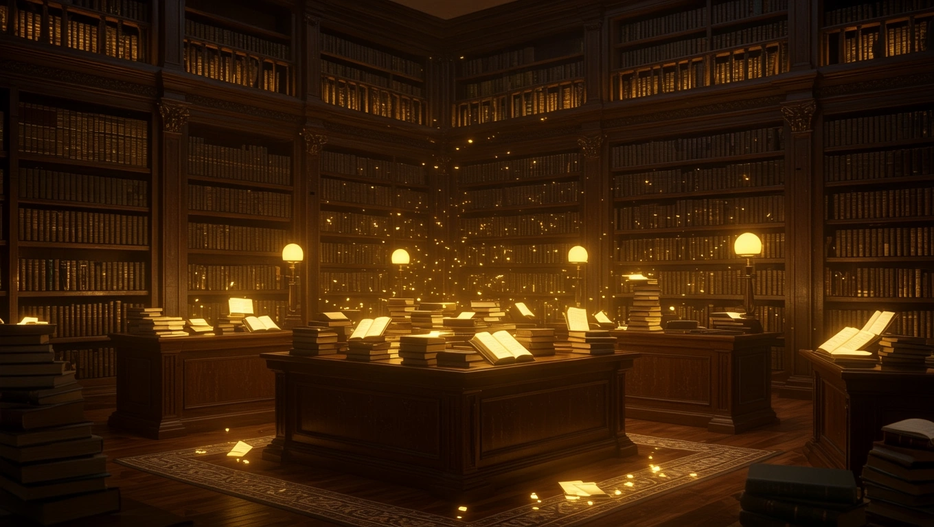 Mit jelent zálogházzal álmodni? – Részletes álomfejtés és értelmezés Egy könyvtár belső tere, tele könyvekkel és meleg fényekkel.