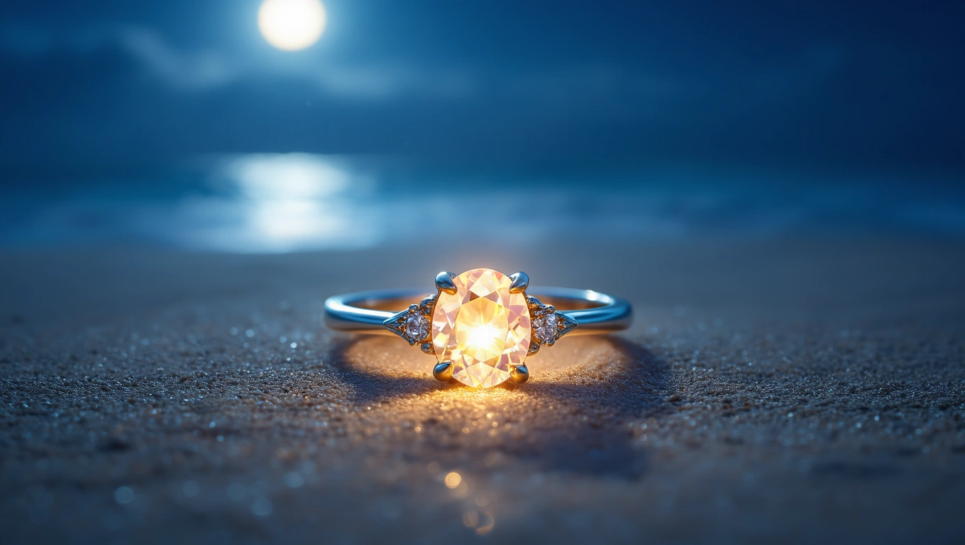 Mit jelent köves gyűrűvel álmodni? – Részletes álomfejtés és értelmezés Egy köves gyűrű fekszik a homokban, csillogó drágakővel és ezüst kerettel.