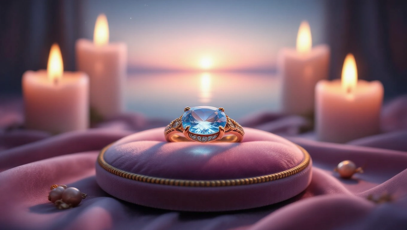 Egy gyönyörű köves gyűrű látható, gyertyák és naplemente háttérben.
