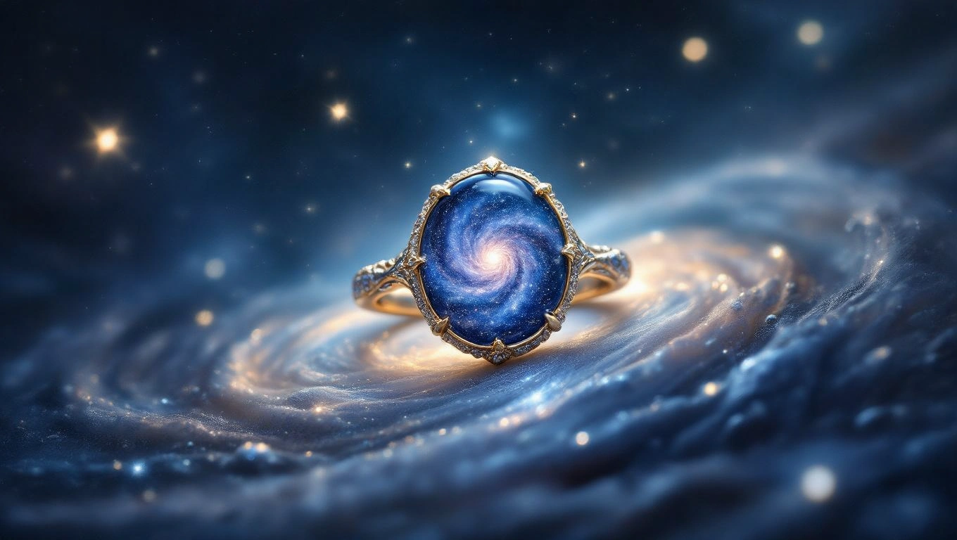 Mit jelent köves gyűrűvel álmodni? – Részletes álomfejtés és értelmezés Egy gyönyörű köves gyűrű, amely galaxis mintázatot ábrázol, csillagokkal körülvéve.