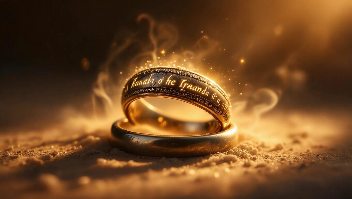 Mit jelent köves gyűrűvel álmodni? – Részletes álomfejtés és értelmezés Két köves gyűrű, arany színben, fényben csillogva, homokos háttér előtt.