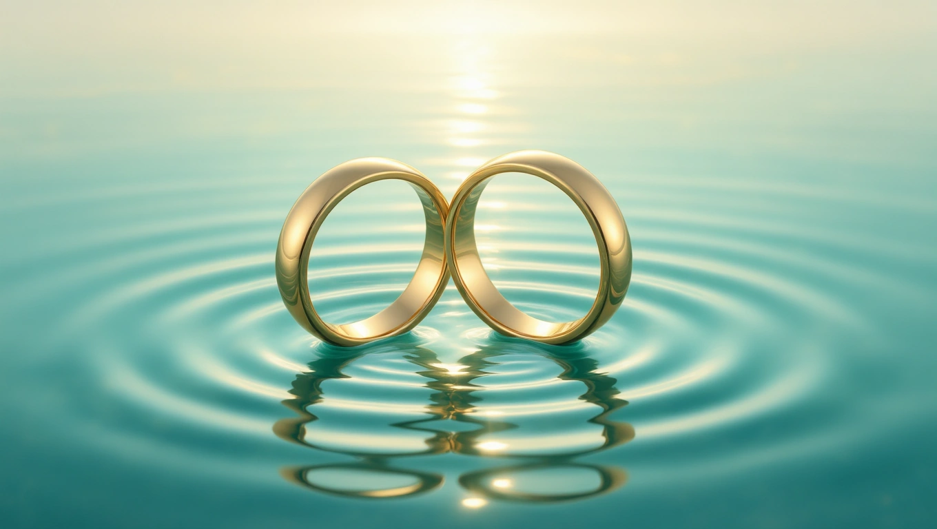 Mit jelent köves gyűrűvel álmodni? – Részletes álomfejtés és értelmezés Két arany gyűrű a víz felszínén, szimbolizálva az elkötelezettséget és a kapcsolatokat.