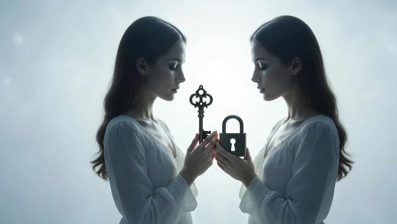 Mit jelent hitellel álmodni? – Részletes álomfejtés és értelmezés Két női alak, az egyik kulcsot, a másik lakatot tart a kezében.