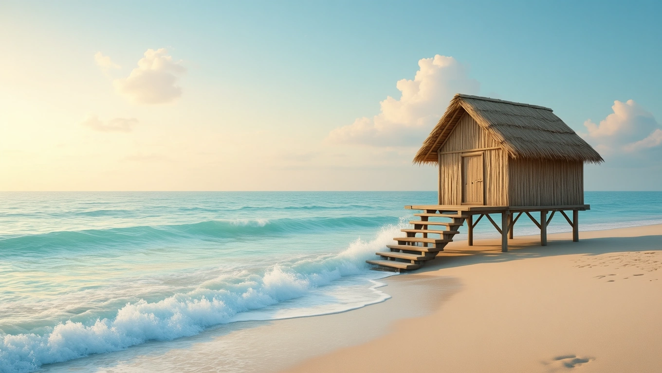 Egy tengerparton álló kunyhó, amely a vízpart mellett helyezkedik el.