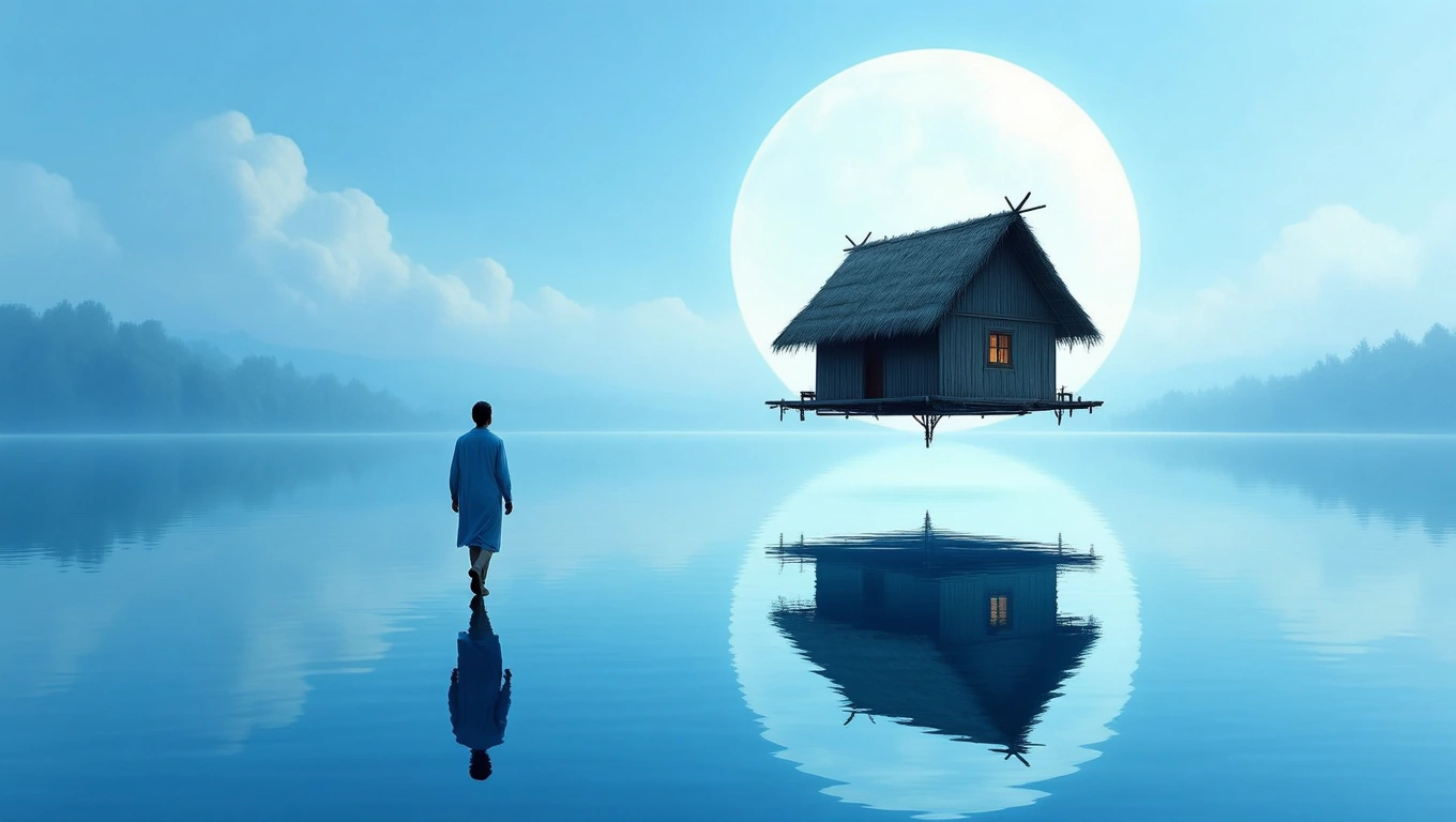 Egy ember sétál egy vízparton, háttérben lebegő kunyhóval és teliholddal.