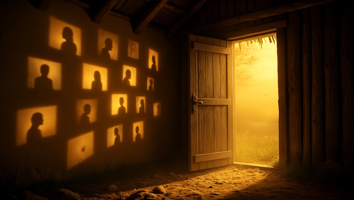 Egy kunyhó ajtaja nyitva, árnyak emberek sziluettjeivel a falon.