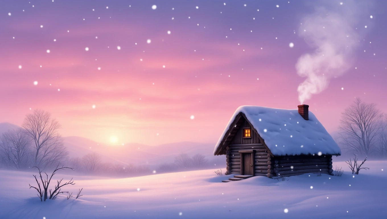 Havas tájban álló kunyhó, füst száll a kéményből, naplemente háttérben.