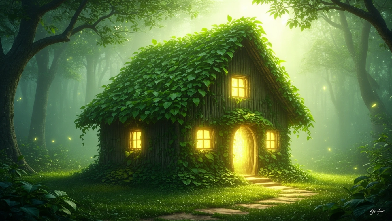 Zöld növényzettel borított kunyhó áll egy varázslatos erdőben.