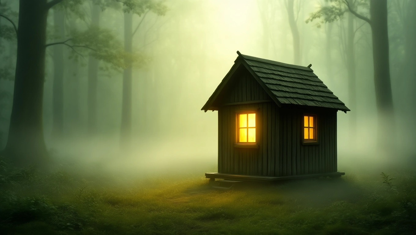 Egy kis kunyhó áll a ködös erdőben, meleg fény szűrődik ki az ablakon.