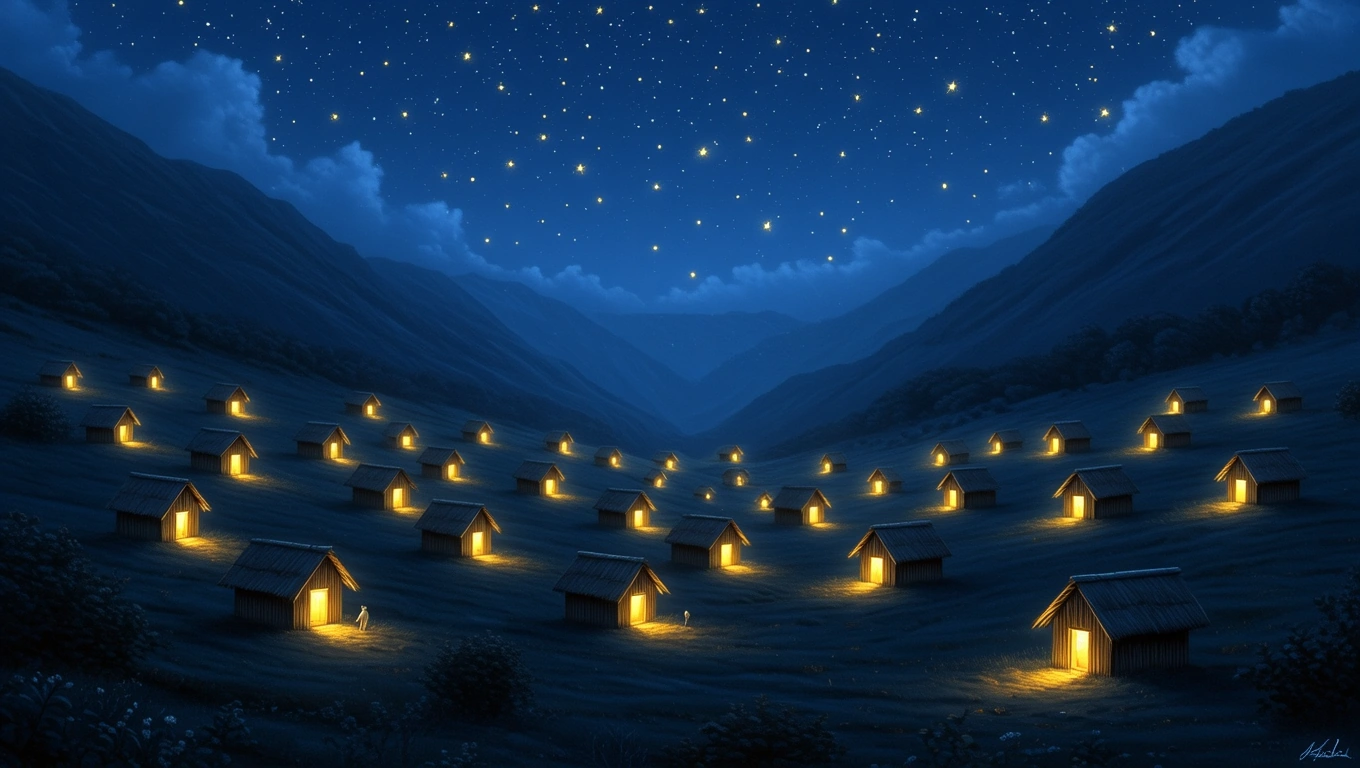 Sötét éjszakai táj, világító kunyhók egy völgyben, csillagokkal az égen.