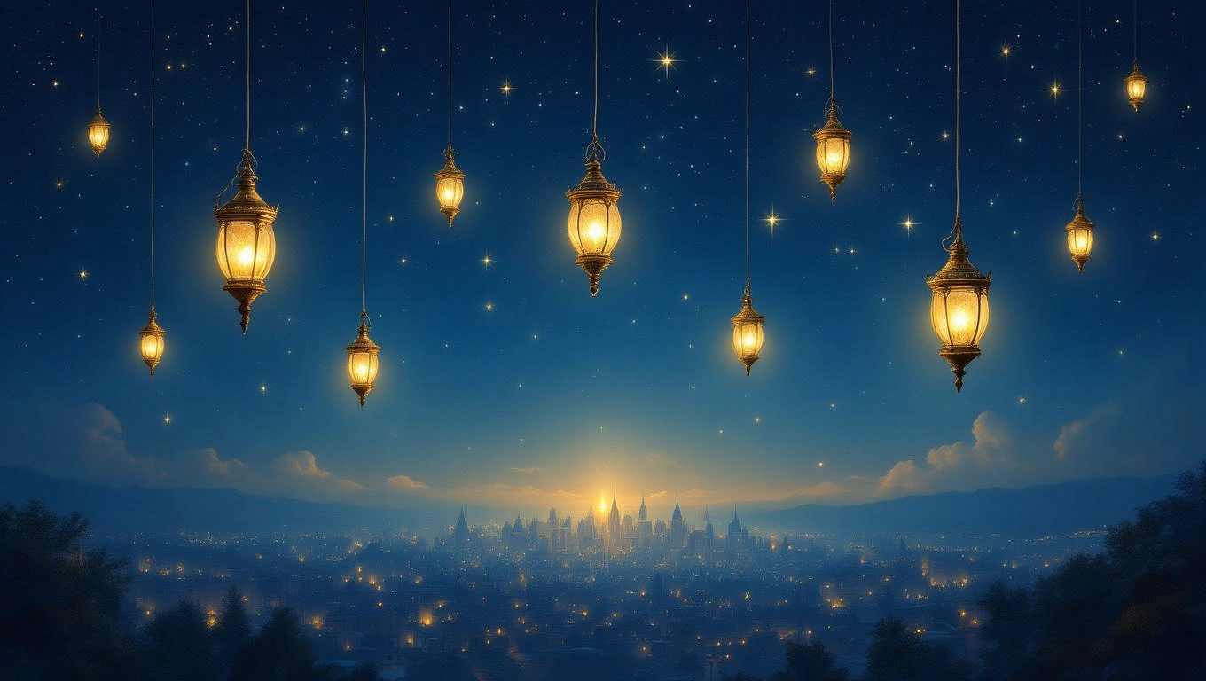 Mit jelent lámpával álmodni? – Részletes álomfejtés és értelmezés Függő lámpák világítanak a csillagos ég alatt, városi tájjal a háttérben.