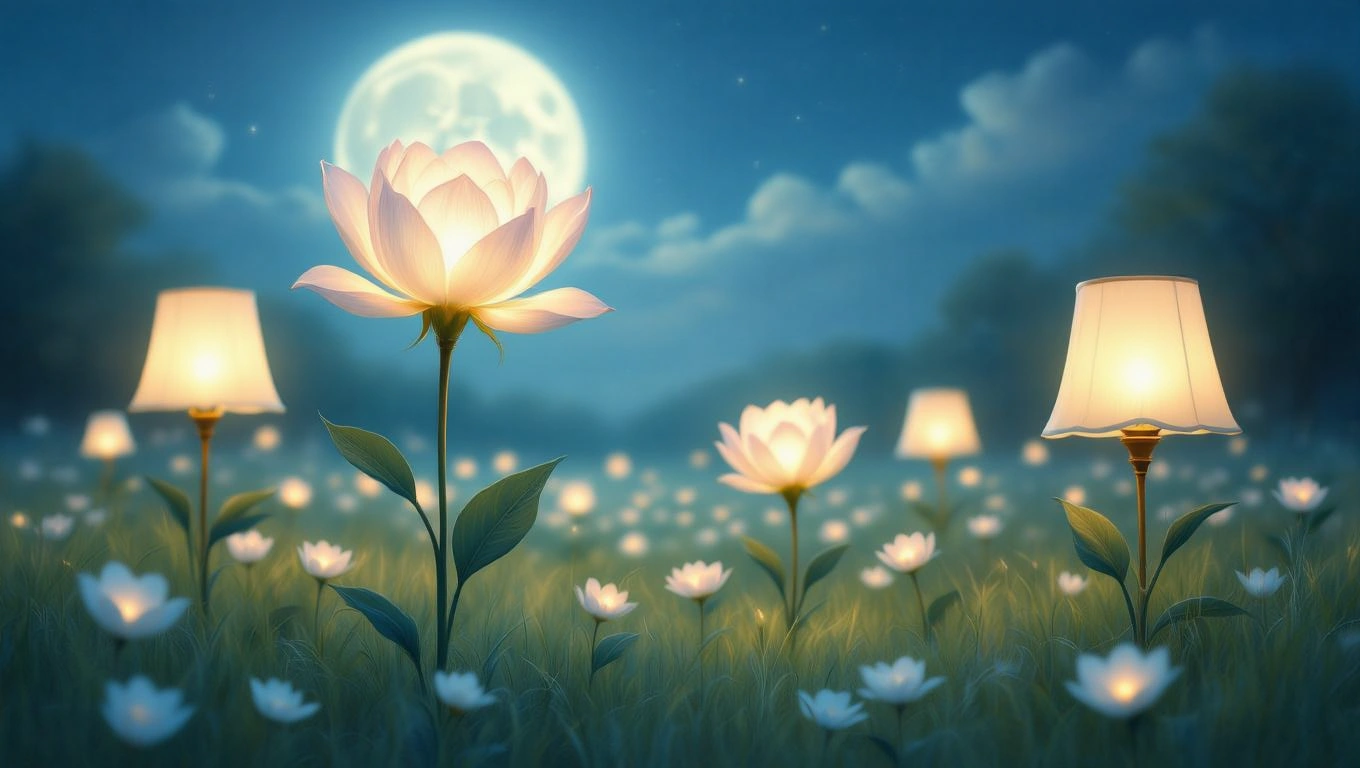 Mit jelent lámpával álmodni? – Részletes álomfejtés és értelmezés Egy virágzó mező, ahol lámpák világítanak a holdfény alatt.