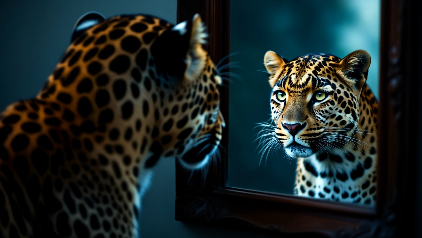 Mit jelent leopárddal álmodni? – Részletes álomfejtés és értelmezés Egy leopárd néz a tükörbe, kifejező arccal és figyelmes tekintettel.