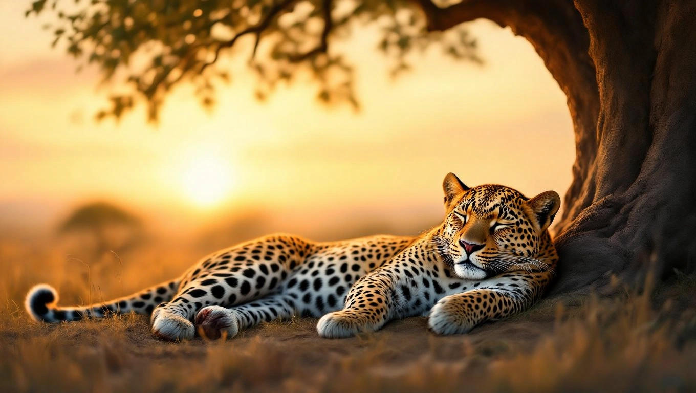 Mit jelent leopárddal álmodni? – Részletes álomfejtés és értelmezés Egy leopárd pihen egy fa alatt, naplementében, békés környezetben.