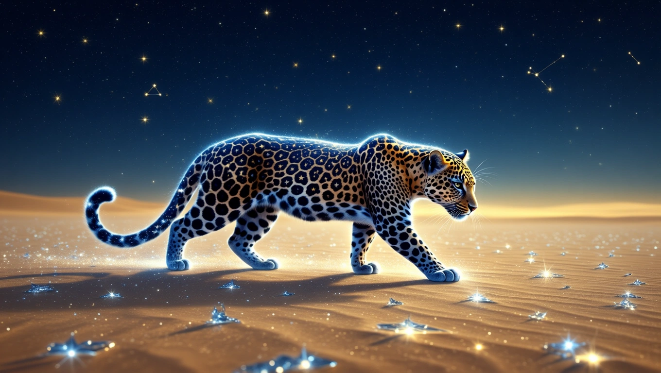 Mit jelent leopárddal álmodni? – Részletes álomfejtés és értelmezés Egy leopárd sétál a csillagokkal teli sivatagban, misztikus fényben.