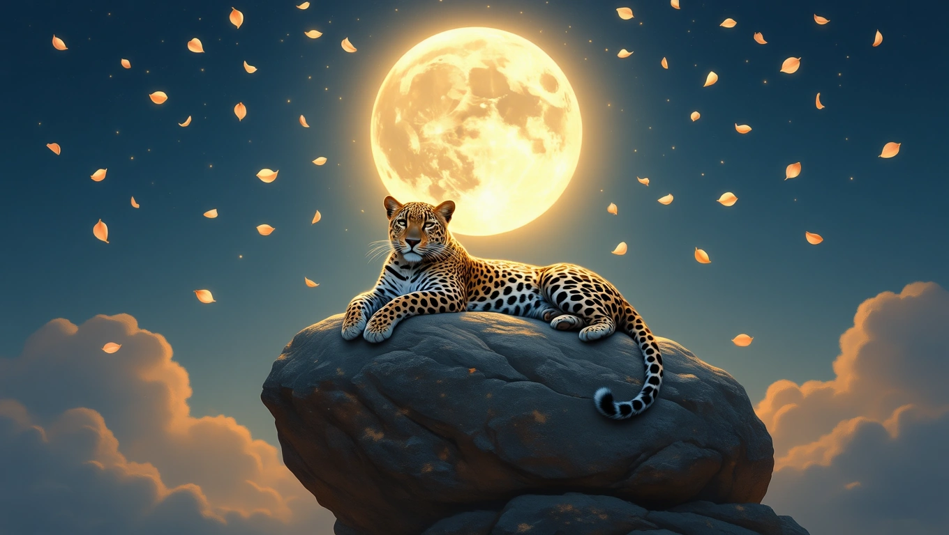 Mit jelent leopárddal álmodni? – Részletes álomfejtés és értelmezés Egy leopárd pihen egy sziklán, mögötte telihold és lebegő virágszirmok.