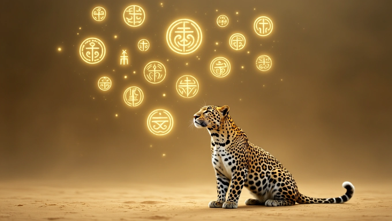 Mit jelent leopárddal álmodni? – Részletes álomfejtés és értelmezés Egy leopárd ül egy homokos háttér előtt, körülötte aranyszínű szimbólumok lebegnek.