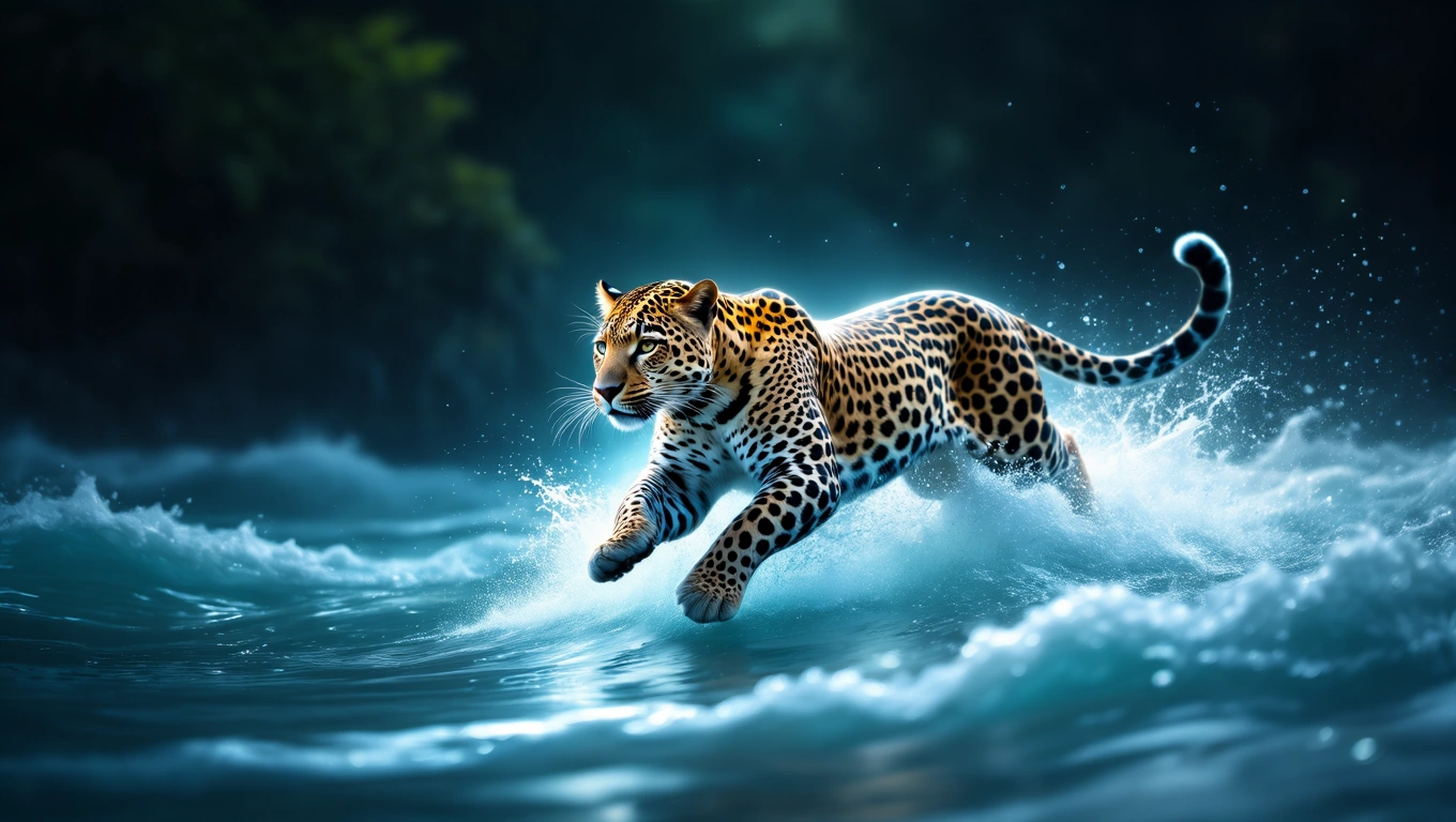 Mit jelent leopárddal álmodni? – Részletes álomfejtés és értelmezés Egy leopárd ugrik a vízben, dinamikus mozdulattal, erőt sugallva.