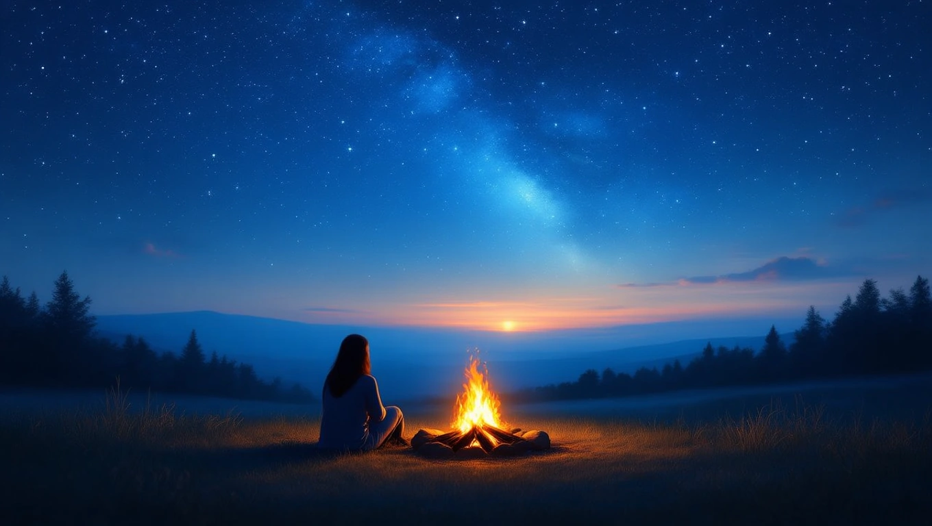 Mit jelent máglyával álmodni? – Részletes álomfejtés és értelmezés Egy nő ül egy máglya mellett, csillagos ég alatt, naplementével a háttérben.