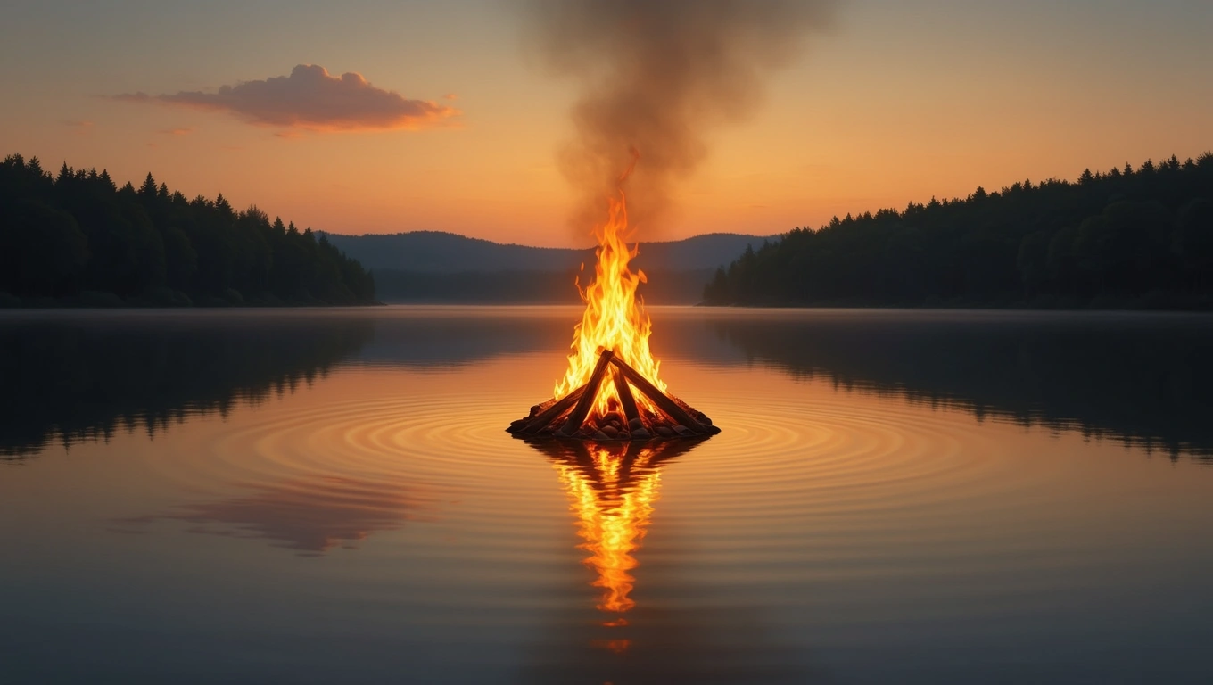 Mit jelent máglyával álmodni? – Részletes álomfejtés és értelmezés Egy máglya lángjai tükröződnek a víz felszínén naplementében.