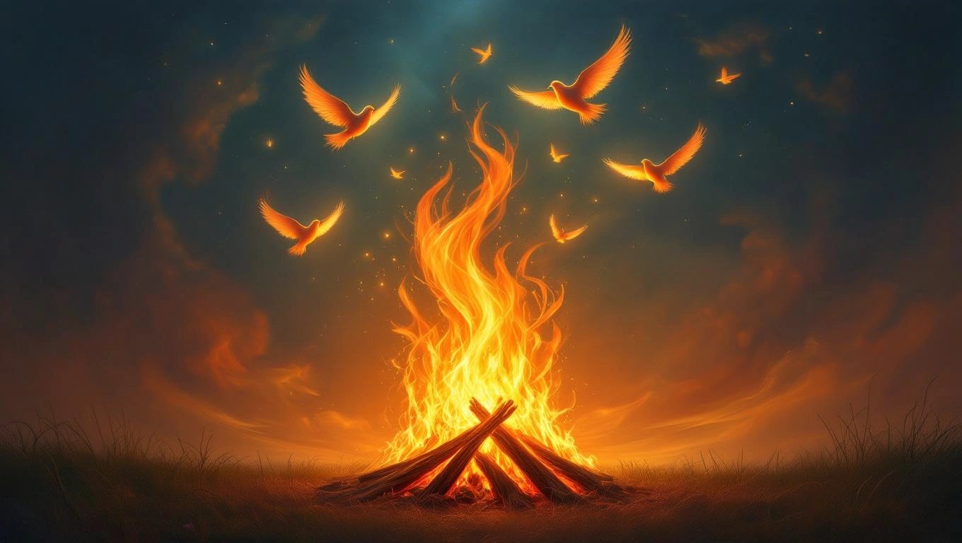 Mit jelent máglyával álmodni? – Részletes álomfejtés és értelmezés Egy máglya lángja, körülötte repülő madarak, a természet elemeit idézve.