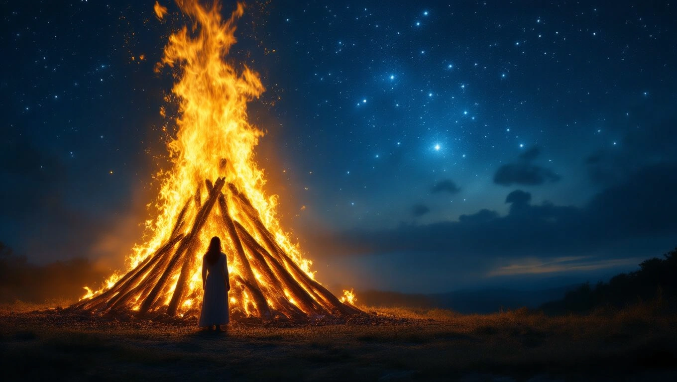 Egy hatalmas máglya lángol az éjszakai égbolt alatt, csillagokkal körülvéve.